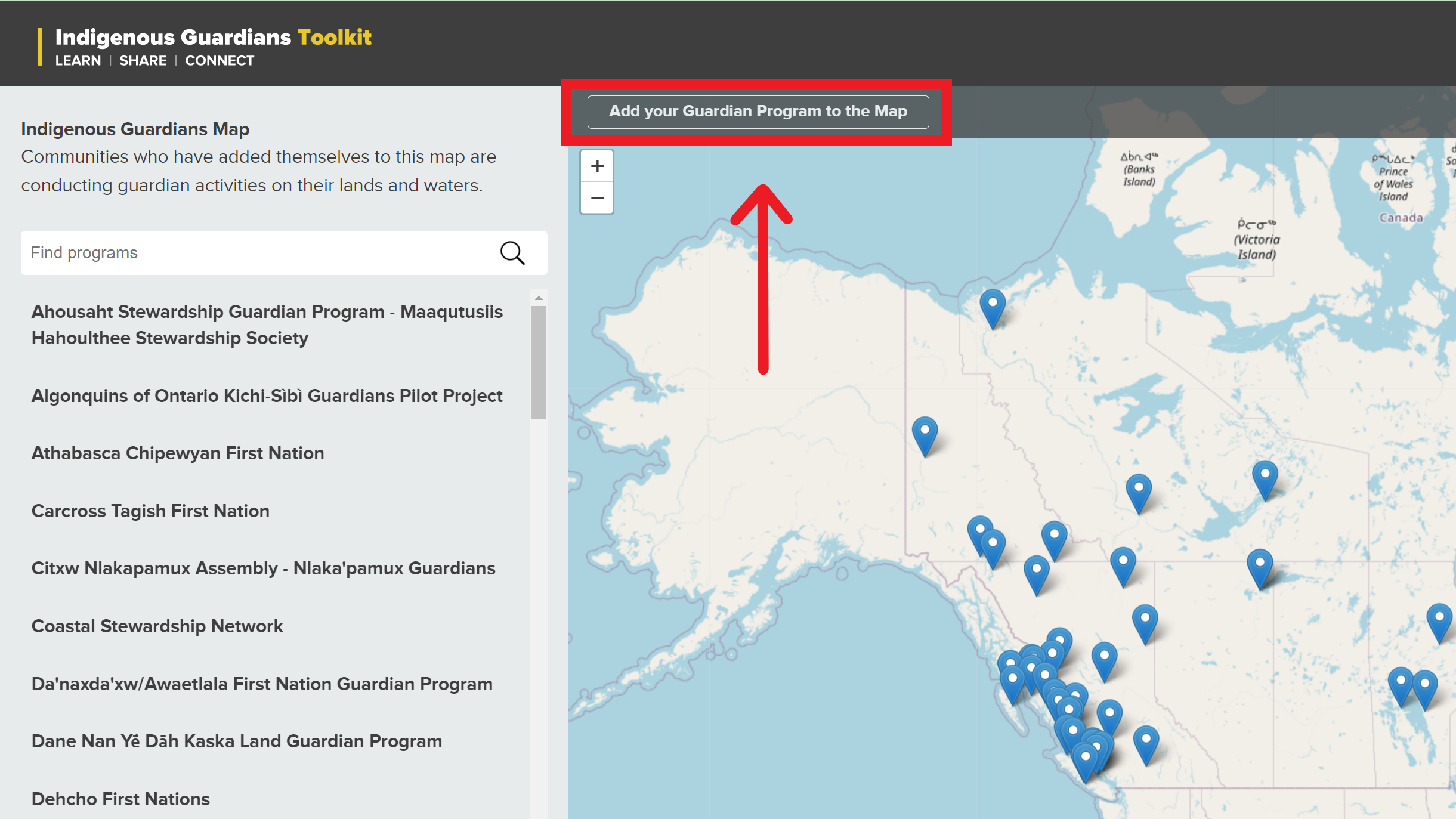 Indigenous Guardians Map add your program button