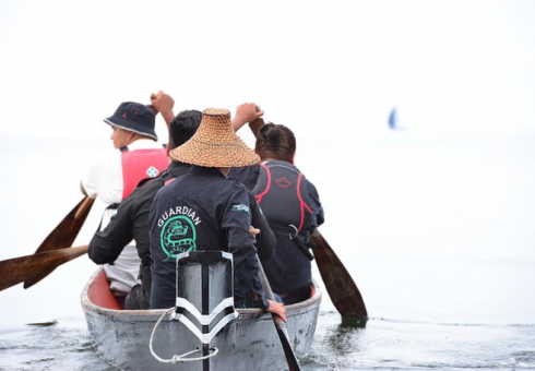 Tribal Park Guardian Joe Martin paddles his caaputs (dugout canoe)