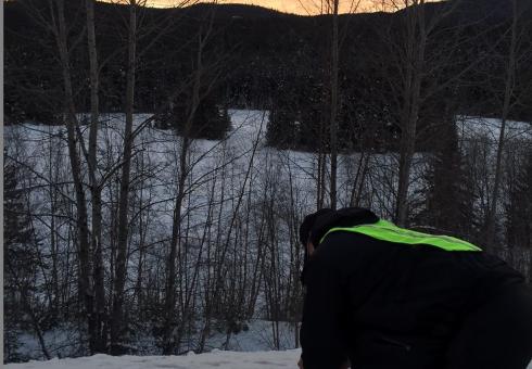 Lax'yip Guardian collecting evidence at site of illegal cow harvest, Wilp Gamlakyeltxw, Frog Clan. Gitanyow Lax'yip